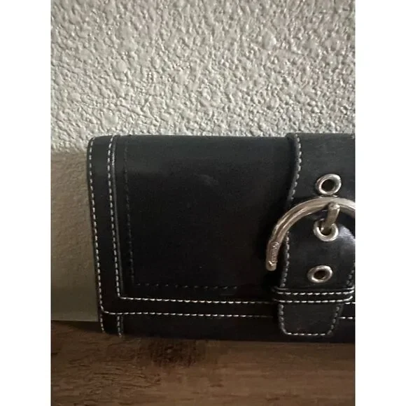 Vintage Coach Black Leather Single Stitch Silver Buckle Tri-Fold Wallet - Picture 5 of 14